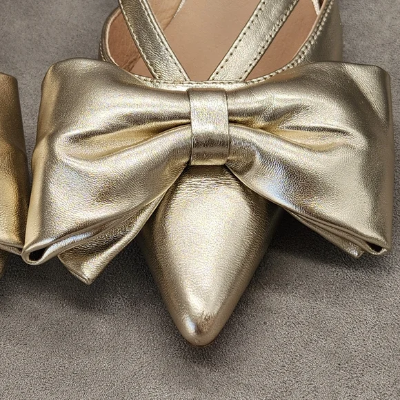 Jack Rogers Dress Mule 9 Gold Champagne Leather Cynthia Bow Kitten Heel Metallic - Picture 8 of 16